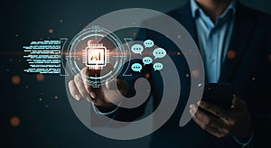 Artificial Intelligence Chatbot Communication Concept with Man Using a Digital Interface Technology