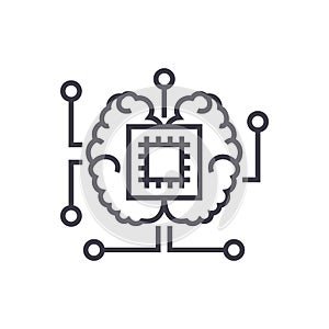 Artificial intelligence, chip with brain vector line icon, sign, illustration on background, editable strokes