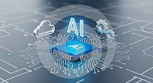 Artificial intelligence chip with cloud computing and gears on a circuit board background