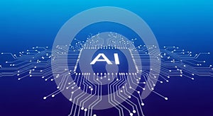 Artificial Intelligence Chip with Glowing Circuits on a Blue Background