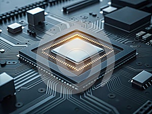 Artificial intelligence chip glowing on motherboard, futuristic computing power