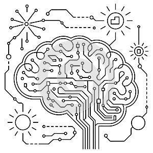 Artificial Intelligence Circuit Brain Vector - AI Neural Network and Digital Technology Illustration