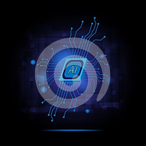 Artificial intelligence circuit line style. AI micro processor unit storage database. Smart network digital technology