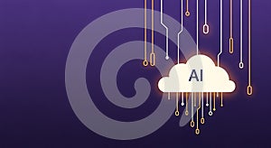 Artificial intelligence cloud computing concept with glowing data lines on a vibrant purple background, showcasing innovation