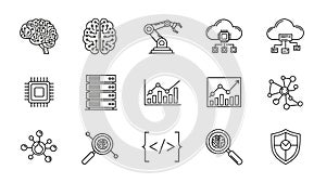 Artificial Intelligence, Cloud Computing, and Data Technology Line Icons Set