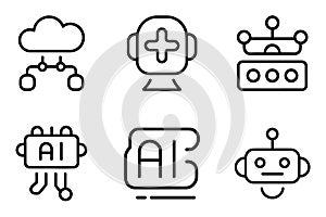 Artificial Intelligence and Cloud Computing Line Icons Set