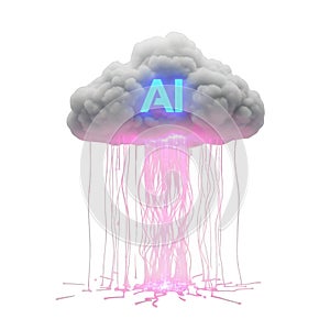Artificial intelligence cloud with glowing data streams isolated on transparent background