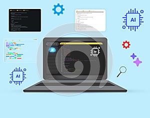 Artificial Intelligence coding assistant concept background with programming on the screen, background. Development, software
