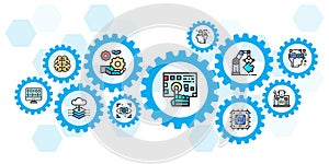 Artificial Intelligence colored icons vector banner. Robotics, Chatbot, Database, Big Data web header banner