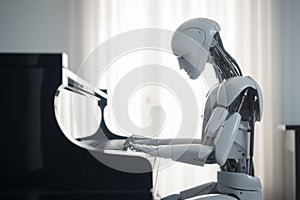 Artificial intelligence composing music. Android robot playing piano. Generative AI
