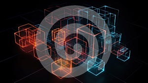 Artificial intelligence, composition of neon brain cubes on a dark background, isolate. AI generated