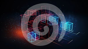 Artificial intelligence, composition of neon brain cubes on a dark background, isolate. AI generated.