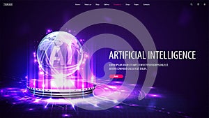 Artificial Intelligence computer database concept, Web banner. Central Computer Processors CPU in form of hologram of sphere