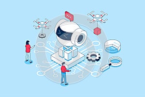 Artificial intelligence concept in 3d isometric design. People creating, working and programming ai robots, machine learning and