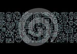 Artificial intelligence concept art. Hand drawn design elements. Seamless pattern background horizontal for your design