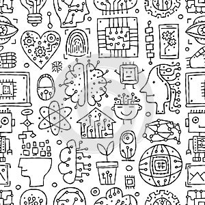 Artificial intelligence concept art. Hand drawn design elements. Seamless pattern background for your design