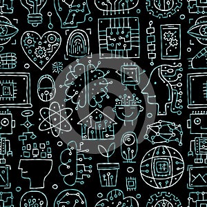 Artificial intelligence concept art. Hand drawn design elements. Seamless pattern background for your design