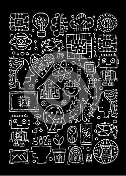 Artificial intelligence concept art. Hand drawn design elements. Vertical frame for your design