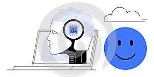 Artificial Intelligence Concept with Human Profile, Laptop, and Cloud Technology Elements