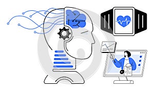 Artificial Intelligence and Technology Concept with Brain, Smartwatch, and Virtual Learning