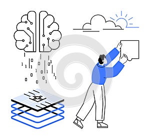 Artificial Intelligence Concept with Human Interaction, Digital Brain, and Data Processing Elements