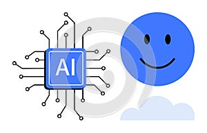 Artificial Intelligence Concept with Circuit Chip and happy Face for Technology and Cloud Computing