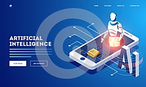 Artificial Intelligence concept based web banner or landing page design with isometric illustration of humanoid robot and AI chip