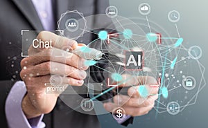 Artificial intelligence concept businessman holding ai on computer screen to using for in document management system and