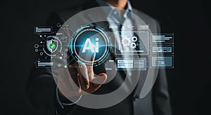 Artificial Intelligence Concept with Businessman Interacting with Futuristic Interface and Data Visualization