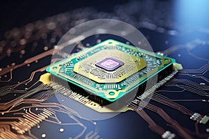 Artificial intelligence concept. Close- up of computer chip with AI sign.