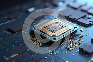 Artificial intelligence concept. Close- up of computer chip with AI sign.