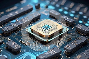 Artificial intelligence concept. Close- up of computer chip with AI sign.
