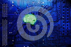 Artificial intelligence concept with computer mainboard and green brain shape