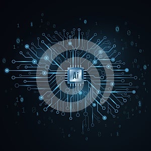Artificial intelligence concept. Cyborg technological brain. Glowing computer circuit board with a processor. Binary code. Cyber