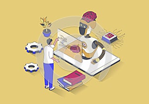 Artificial intelligence concept in 3d isometric design. Man working with digital brain, Machine learning and robot thinking