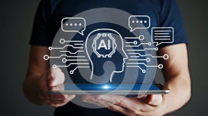 Artificial intelligence concept with digital brain interface on tablet screen in human hands