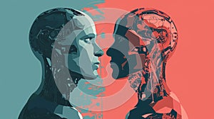 Artificial intelligence concept. Futuristic cyborgs heads. illustration Generative AI