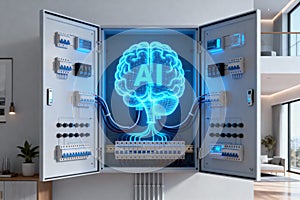 Artificial intelligence concept with glowing brain inside electrical panel