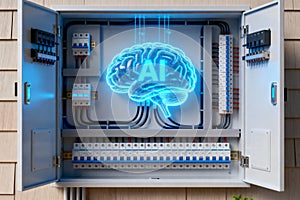 Artificial intelligence concept with glowing brain inside electrical panel