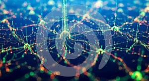 Artificial intelligence concept with glowing neural network, abstract technology background showing data processing and machine