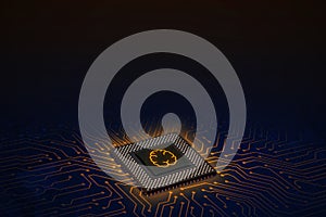 Artificial intelligence concept with glowing orange brain symbol on processor chip, representing machine learning, innovation, and