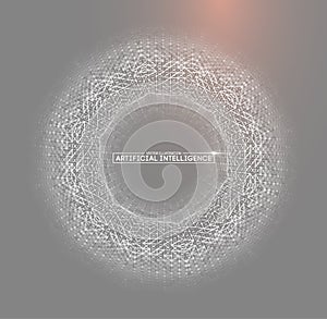 Artificial intelligence concept with glowing white sphere and hexagon