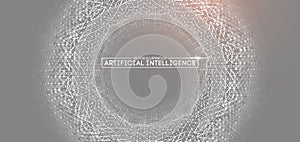 Artificial intelligence concept with glowing white sphere and hexagon