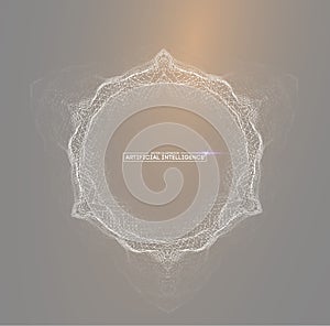 Artificial intelligence concept with glowing white sphere and hexagon