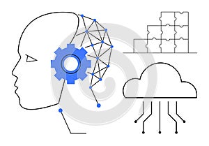 Artificial Intelligence Concept with Human Head, Cloud Computing, and Data Integration Elements