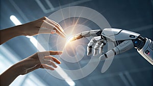 Artificial intelligence concept: human and robot hand touching, future technology ai