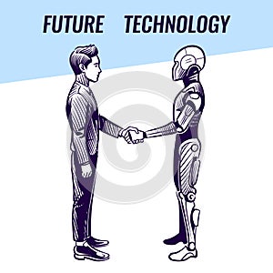 Artificial intelligence concept. Human and robot handshaking. Futuristic ai advanced technology vector background