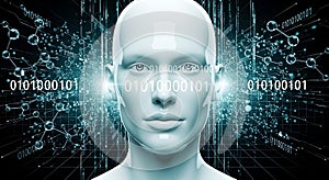Artificial Intelligence Concept with Humanoid Face and Binary Code Representing Digital Data Processing and Machine Learning