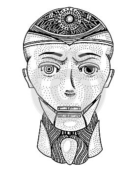 Artificial intelligence concept. A man with half the face of a robot. Replicant or Android. Hand drawn Future technology