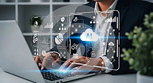 Artificial intelligence concept man using laptop with AI integration and data analytics overlay